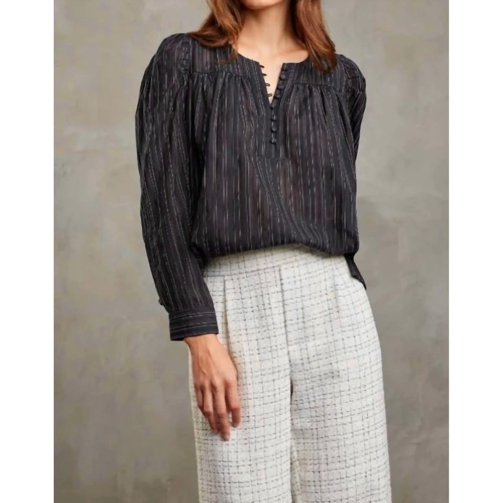 Sundays Indiana Blouse Black Shadow Stripe Cotton Silk Top Size Snall
